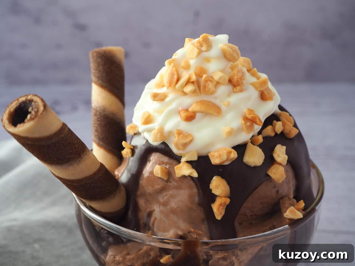Close up side view of small chocolate sundae with chocolate fudge sauce, chocolate ice cream, whipped cream, chopped nuts, chocolate and vanilla tube wafers, in a small glass bowl, on a grey background with a grey tea towel.