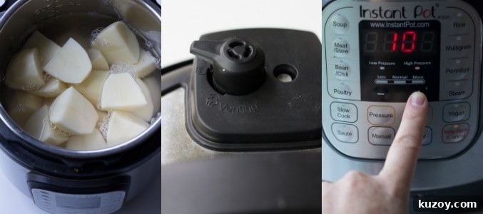 collage of vegan mashed potatoes in the instant pot.