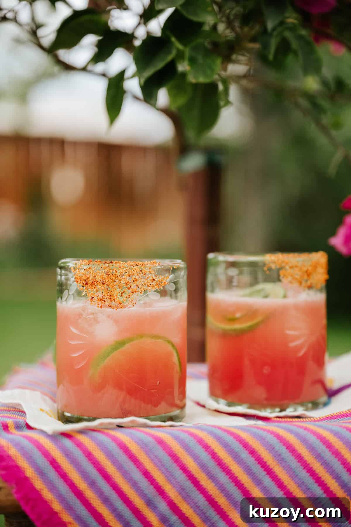 Spicy Jalapeño Watermelon Mezcal Margarita Recipe 5 Side-on shot of 2 spicy jalapeno watermelon mezcal margaritas on a colorful striped table outside.