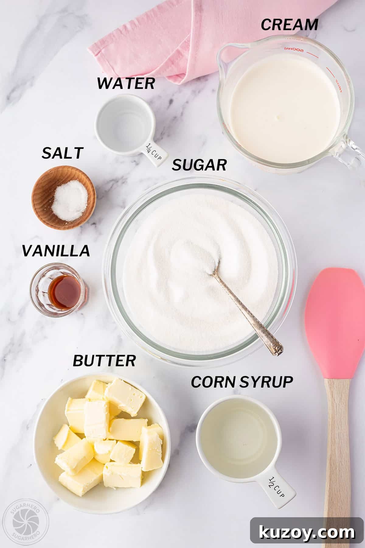 How to Make Smooth Homemade Caramel Sauce for Desserts 3 Overhead shot of the ingredients needed to make caramel sauce.