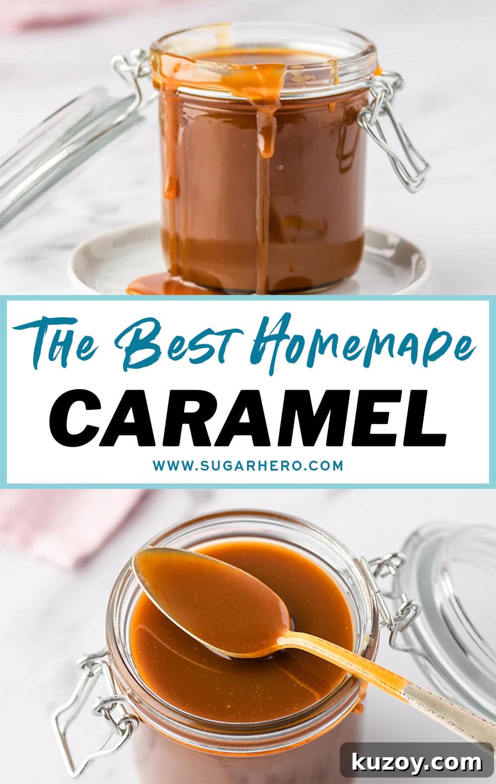 How to Make Smooth Homemade Caramel Sauce for Desserts 18 Two photo collage of caramel sauce with text overlay for Pinterest.