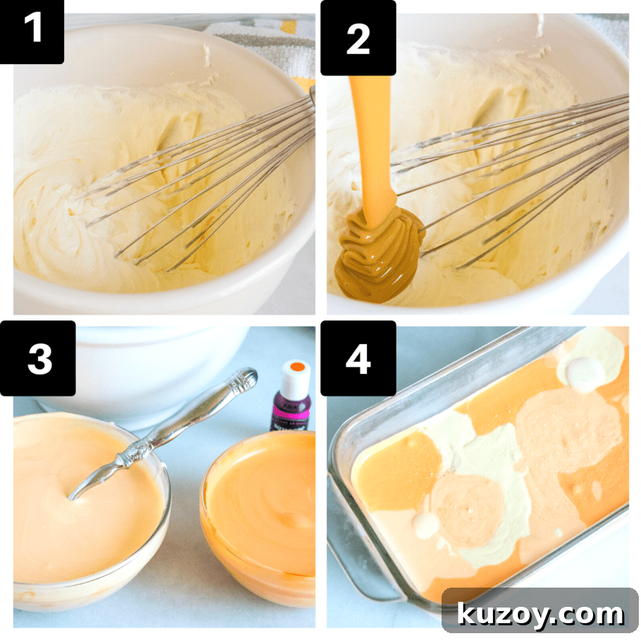 Orange Creamsicle Ice Cream Recipe: Creamy Orange Vanilla Scoop 4 a four image collage showing whipping cream and adding sweetened condensed milk.