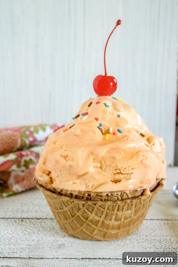 Orange Creamsicle Ice Cream Recipe: Creamy Orange Vanilla Scoop 5 a waffle bowl full of orange ice cream topped with sprinkles and a cherry.