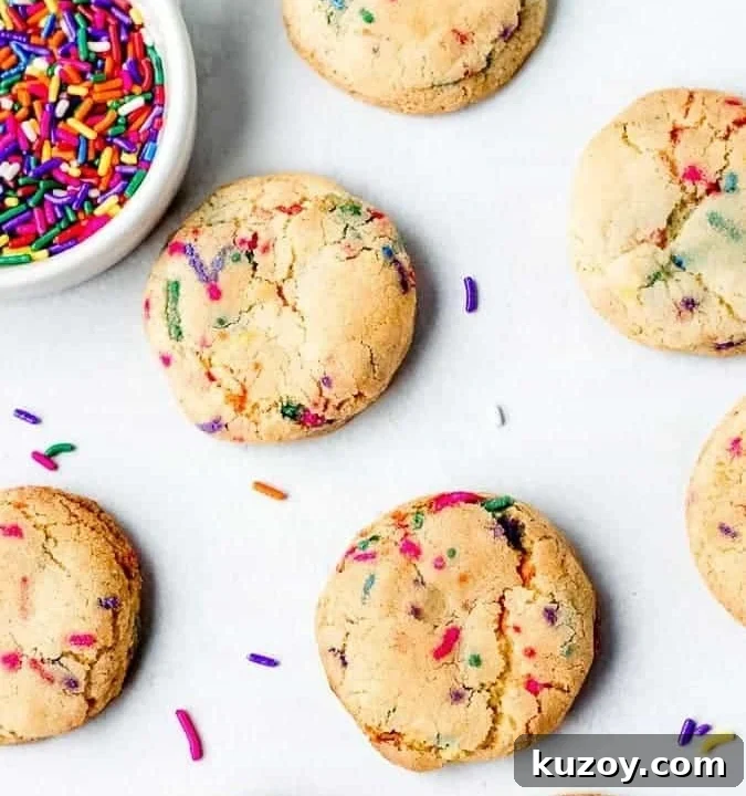 Fluffy Sprinkle Cookies shot from overhead with sprinkles in bowl top left
