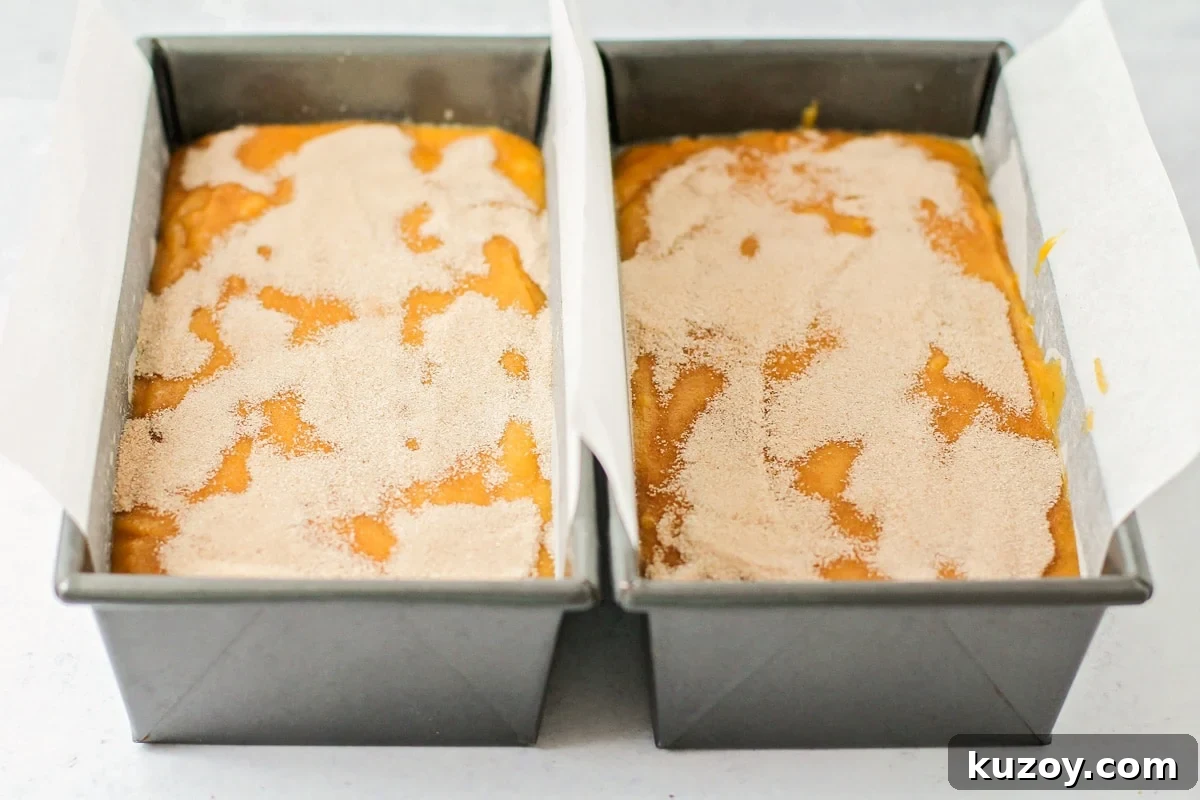 Deliciously tender, easy pumpkin bread is topped with cinnamon and sugar for a family-favorite fall treat you can enjoy on repeat. Pumpkin batter topped with cinnamon sugar mixture.