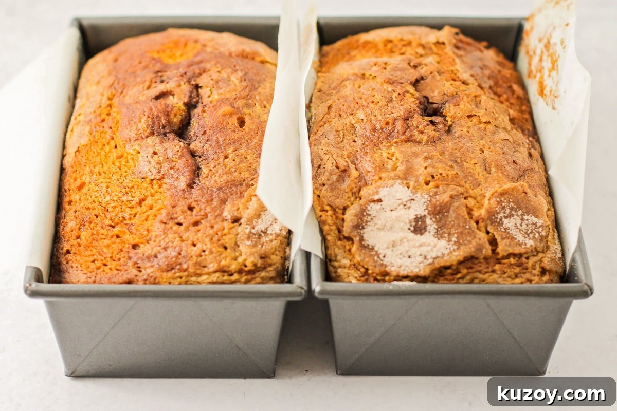 Deliciously tender, easy pumpkin bread is topped with cinnamon and sugar for a family-favorite fall treat you can enjoy on repeat. Baked loaves of pumpkin bread on the counter.