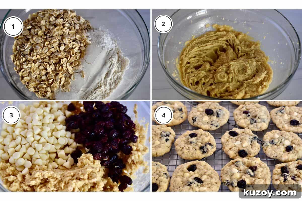 White Chocolate Craisin Oatmeal Cookies Recipe 4 Process shots showing how to make recipe including rolling the batter into balls and baking.