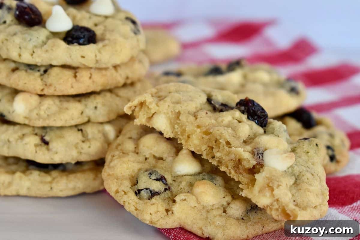 White Chocolate Craisin Oatmeal Cookies Recipe 5 Oatmeal Craisin Cookie cut in half on top of another cookie.