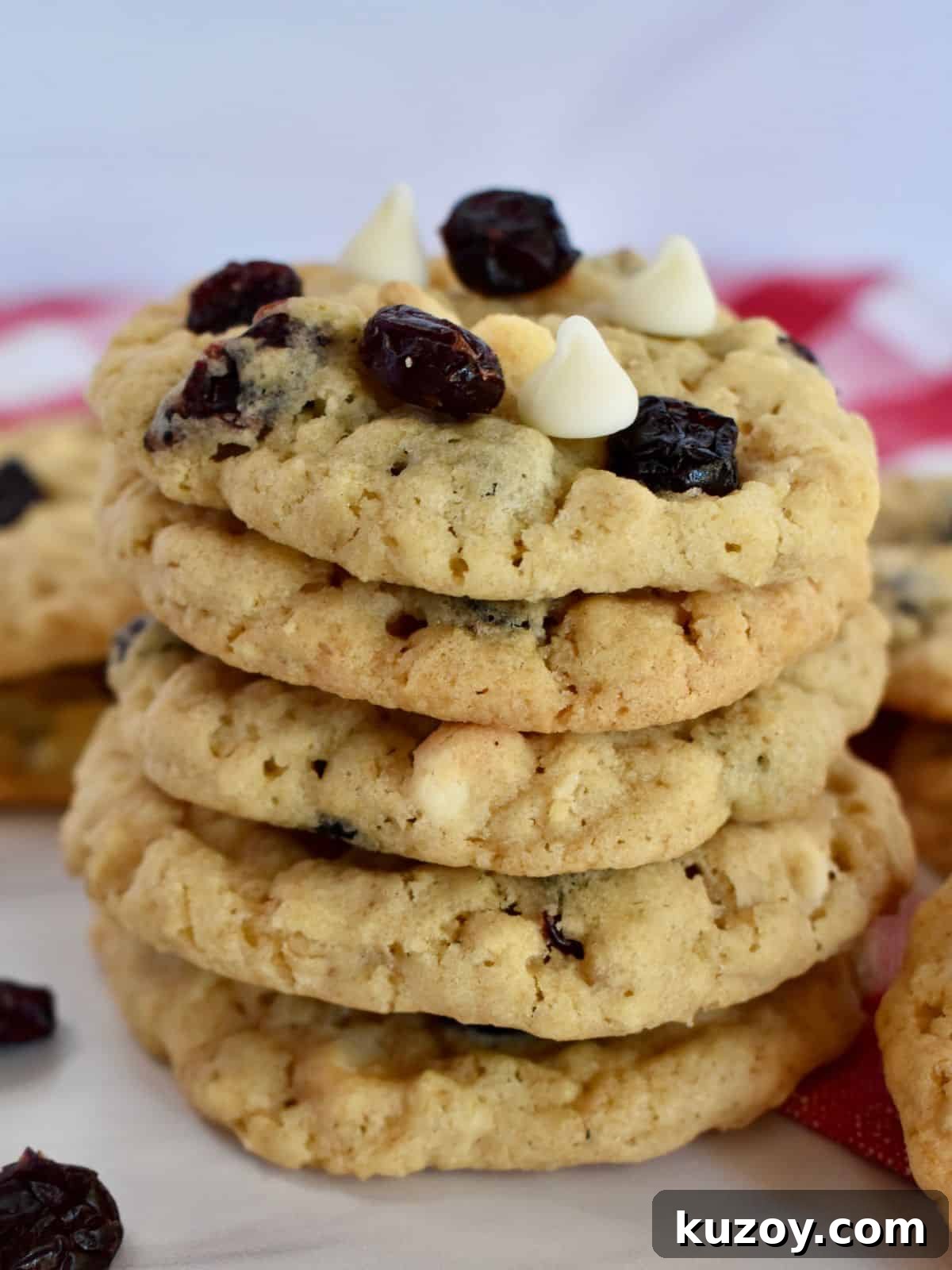 White Chocolate Craisin Oatmeal Cookies Recipe 6 Oatmeal Craisin Cookies stacked on each other.