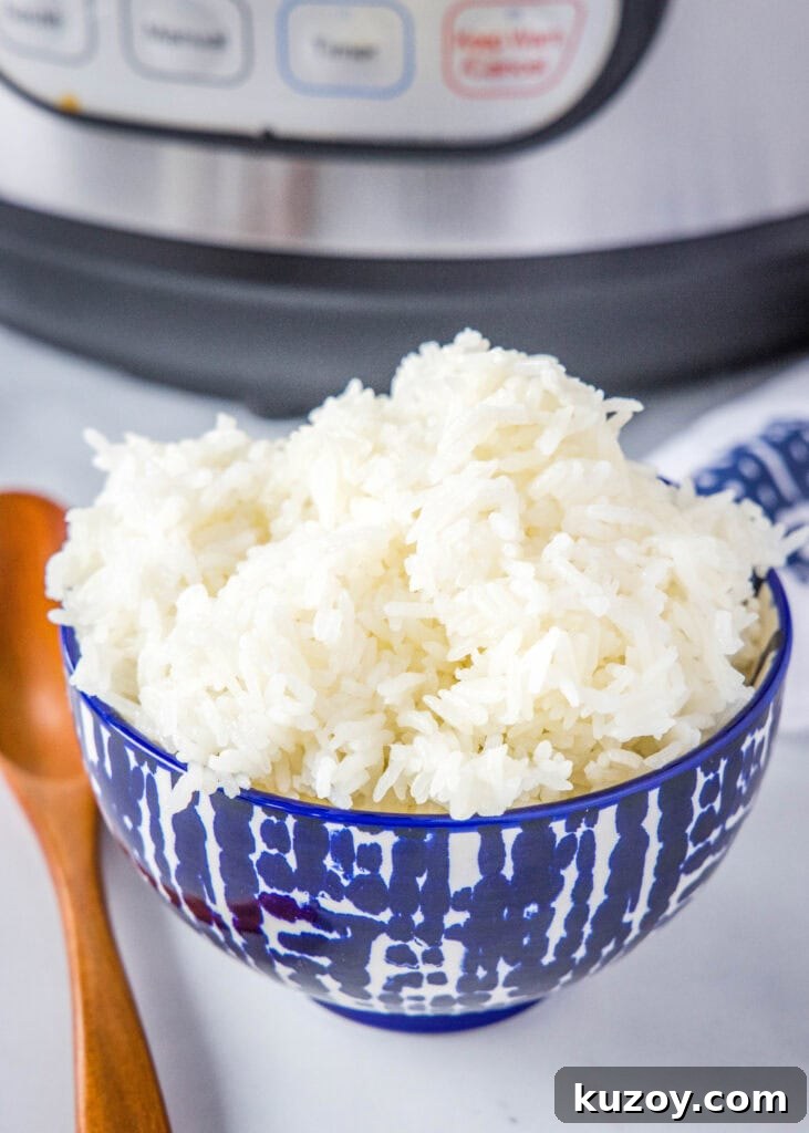 a bowl of white rice with Instant Pot in the background