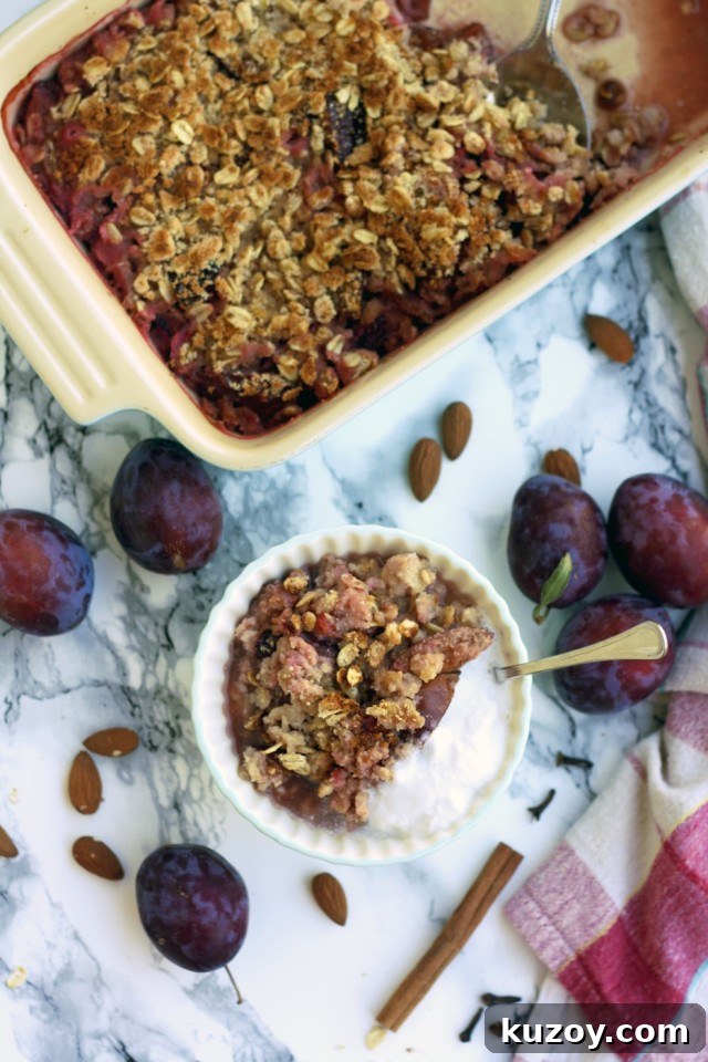 Vegan Coconut Plum Crisp with Oat Topping 4 Baked vegan plum crisp with coconut