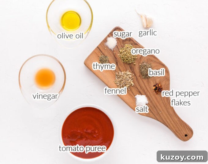 Homemade Pizza Sauce Without Tomato Paste — Fresh & Flavorful 3 Garlic, spices, and tomato puree on a table.