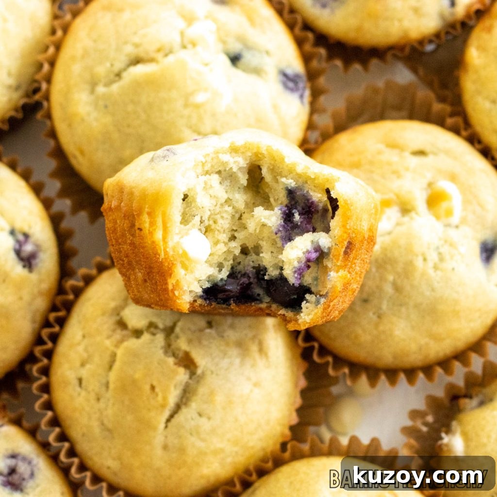 one of the blueberry white chocolate muffins missing a bite resting on other muffins