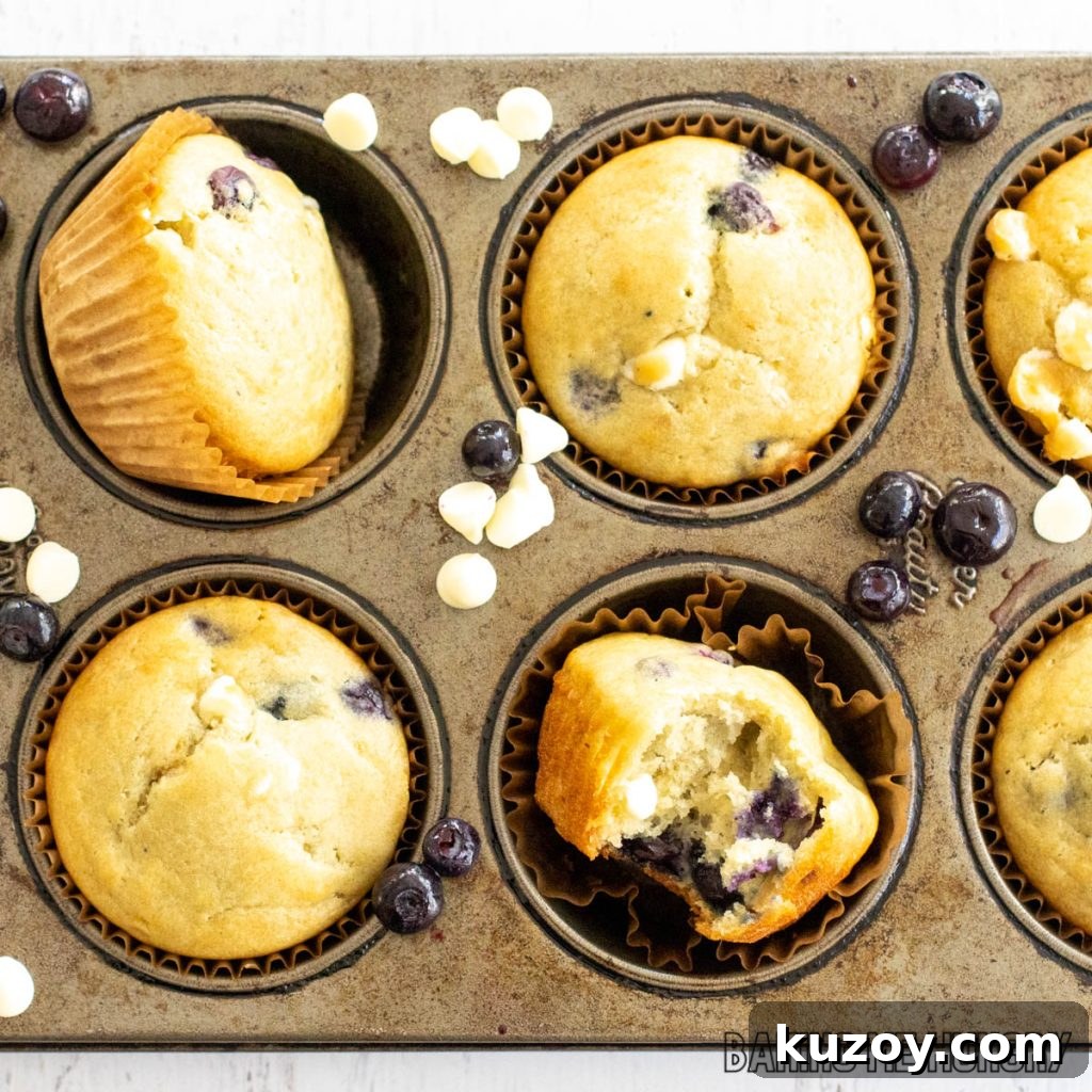 close up of baking pan with blueberry white chocolate muffins