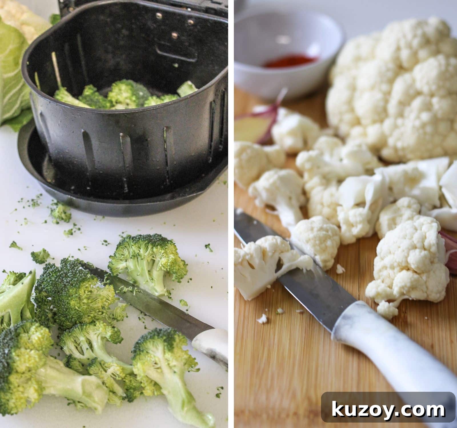 collage of cutting fresh broccoli and cauliflower to be air fried 