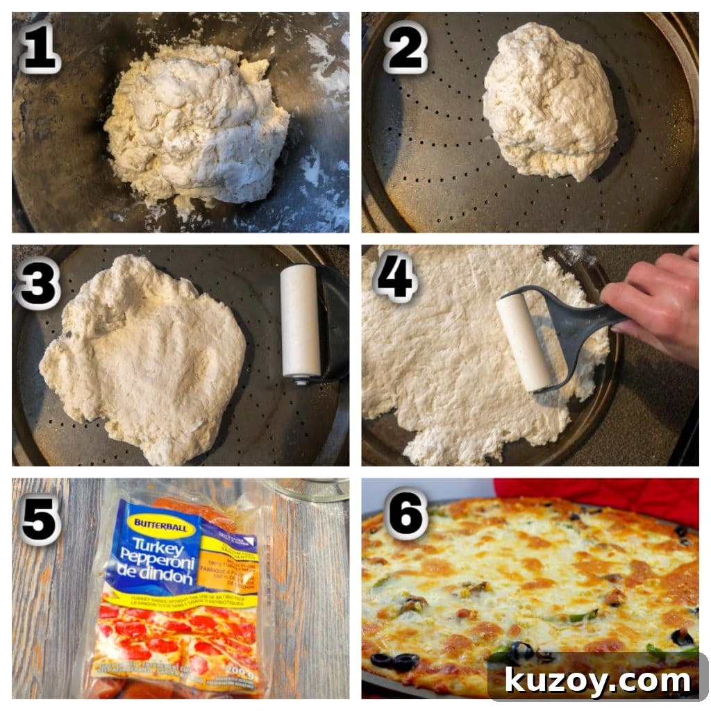 Weight Watchers Pizza Recipe with 2-Ingredient Dough 5 collage of 6 photos showing how to make WW 2 ingredient pizza dough