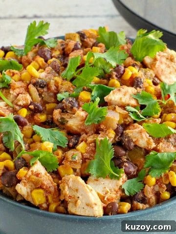 slow cooker mexican chicken in a blue dish with slow cooker in background