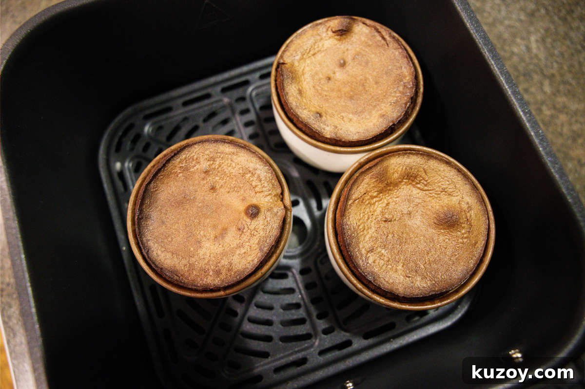 Air Fryer Chocolate Lava Mug Cake Recipe 11 Chocolate mug cakes in air fryer basket.