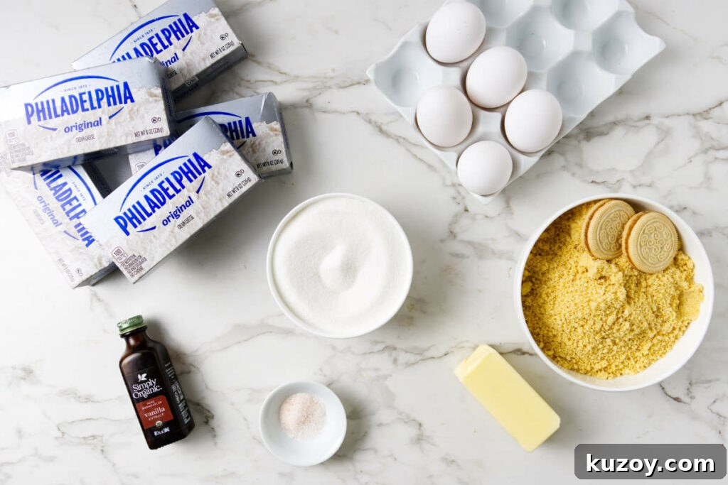 Ingredients used to make a New York style cheesecake with no sour cream.