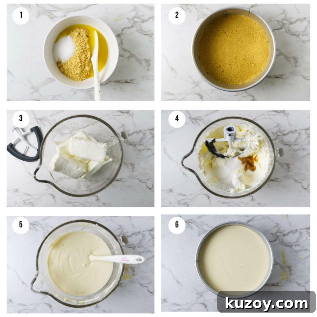 Six photos showing how to make a cheesecake recipe with no water bath.