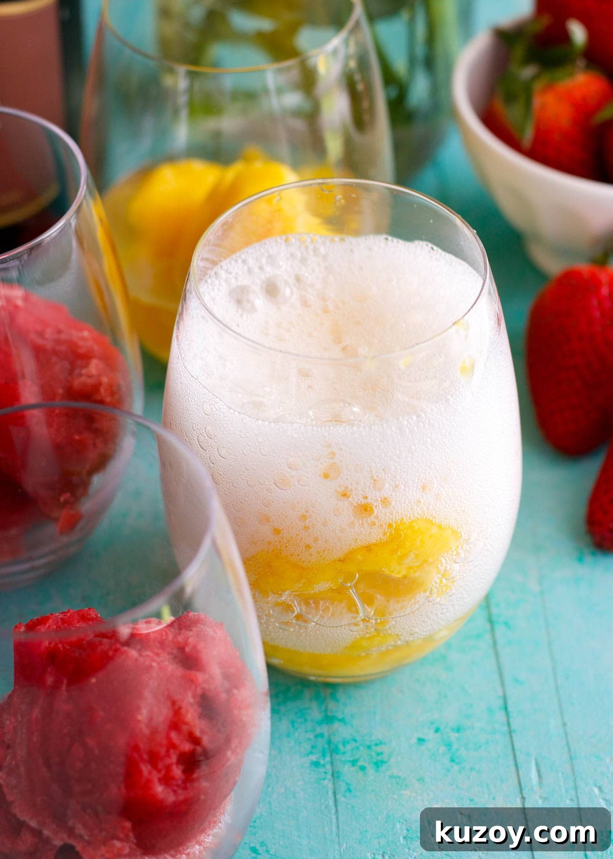 Sparkling Wine and Fresh Fruit Sorbet Float Recipes 2 You only need 2 ingredients for these Fruit Sorbet and Sparkling Wine Floats! This elegant treat is SO easy and tastes delicious.