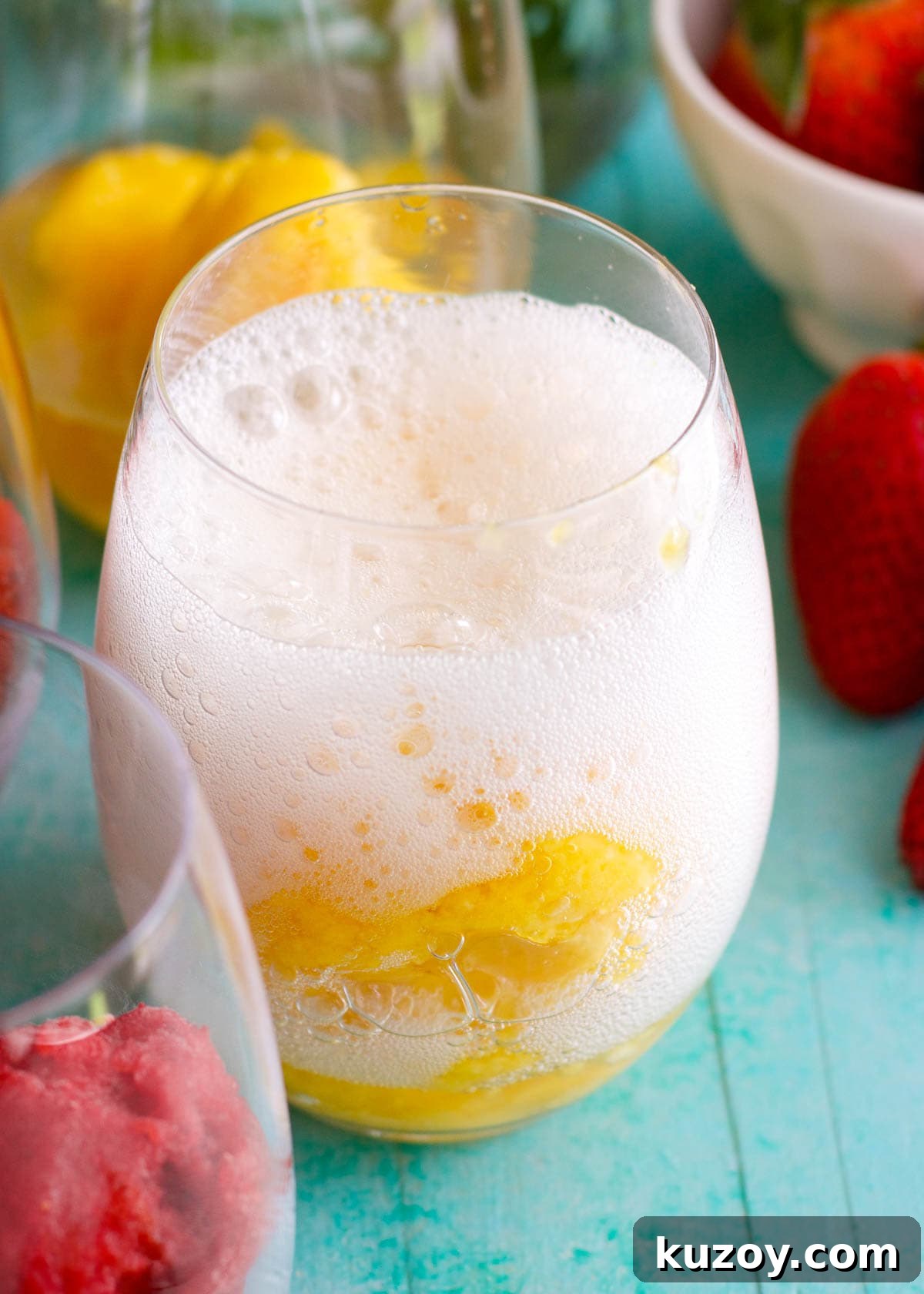Sparkling Wine and Fresh Fruit Sorbet Float Recipes 8 You only need 2 ingredients for these Fruit Sorbet and Sparkling Wine Floats! This elegant treat is SO easy and tastes delicious.