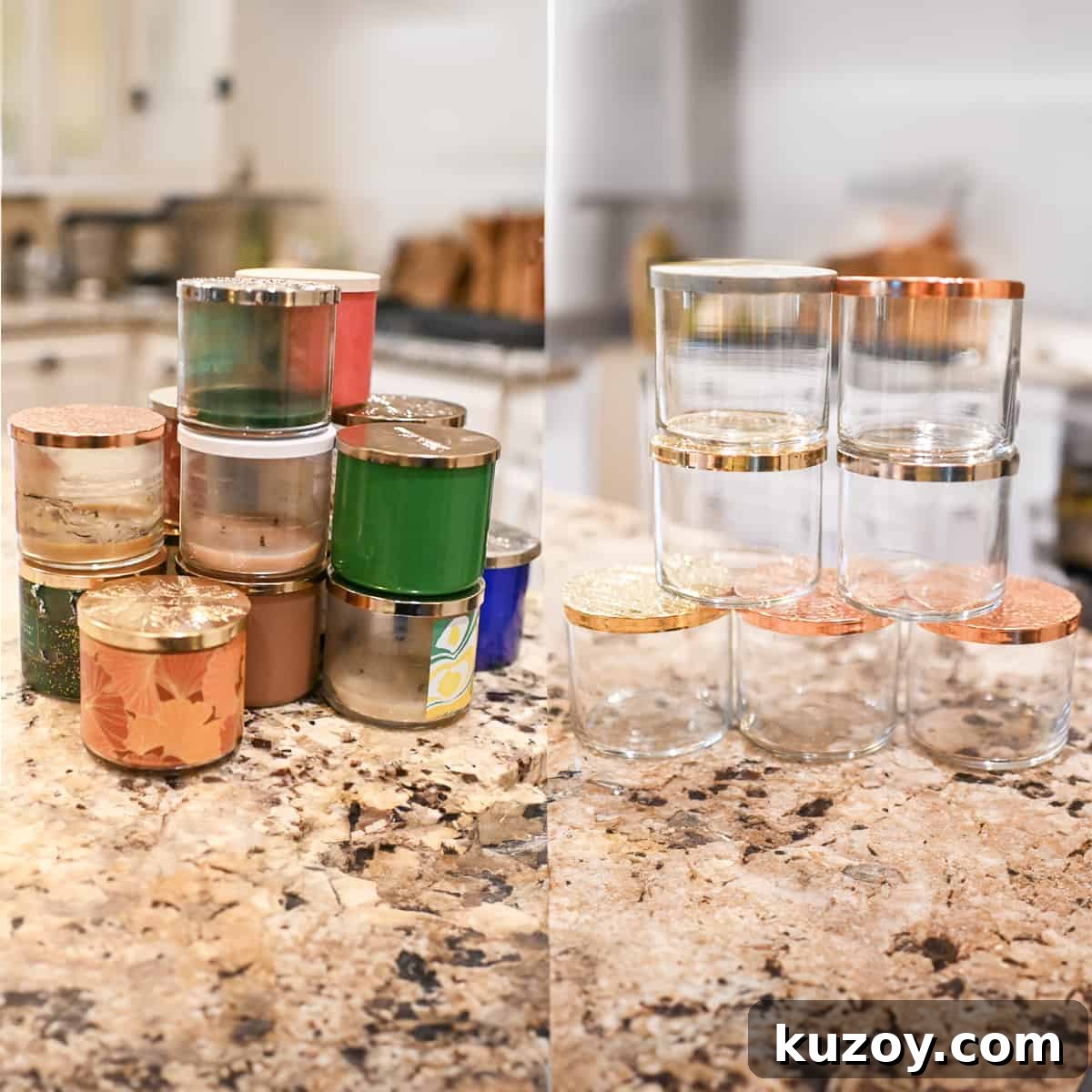 Remove Wax from Candle Jars: 3 Fast, Effective Methods 2 candle jars before and after cleaning, on a counter.