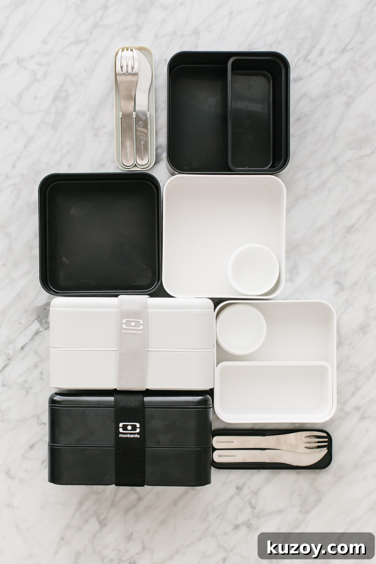 A few tips for making a successful bento box with healthy lunch ideas! A bunch of empty bento box containers on a countertop.