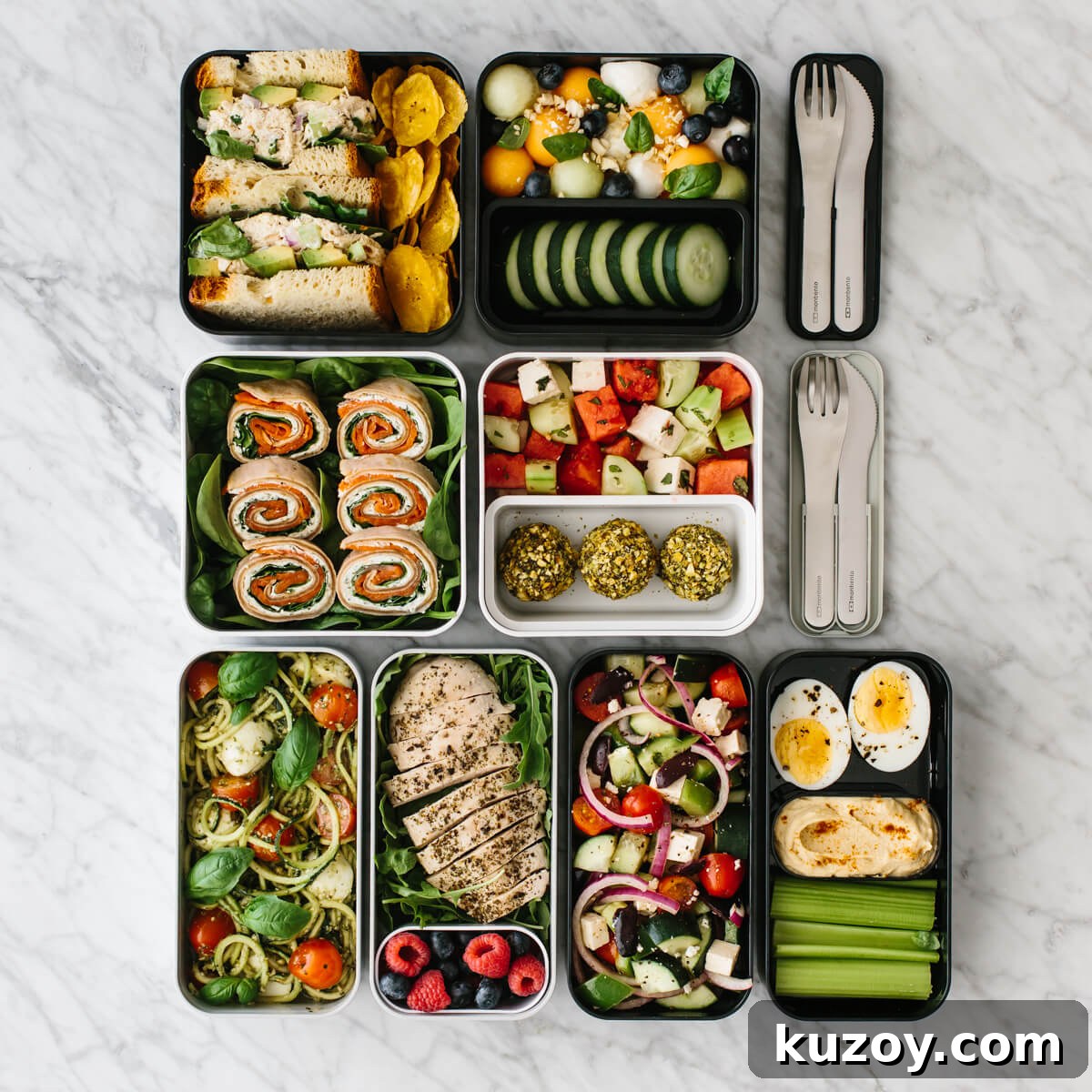 A few tips for making a successful bento box with healthy lunch ideas! Several bento box lunches on a counter with cutlery.