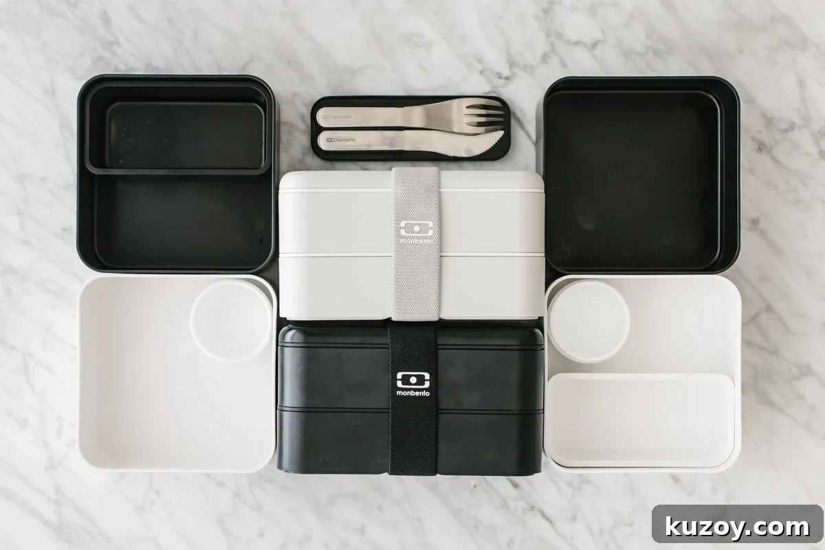 A few tips for making a successful bento box with healthy lunch ideas! Black and white bento box containers on a countertop.