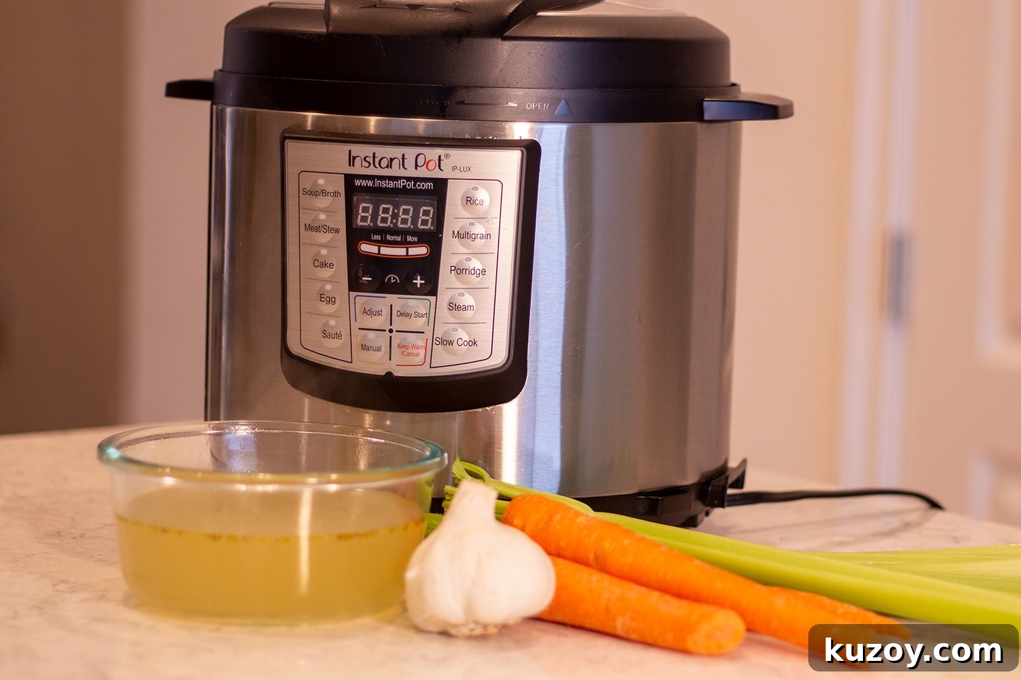 Chicken stock in a bowl in front of an instant pot