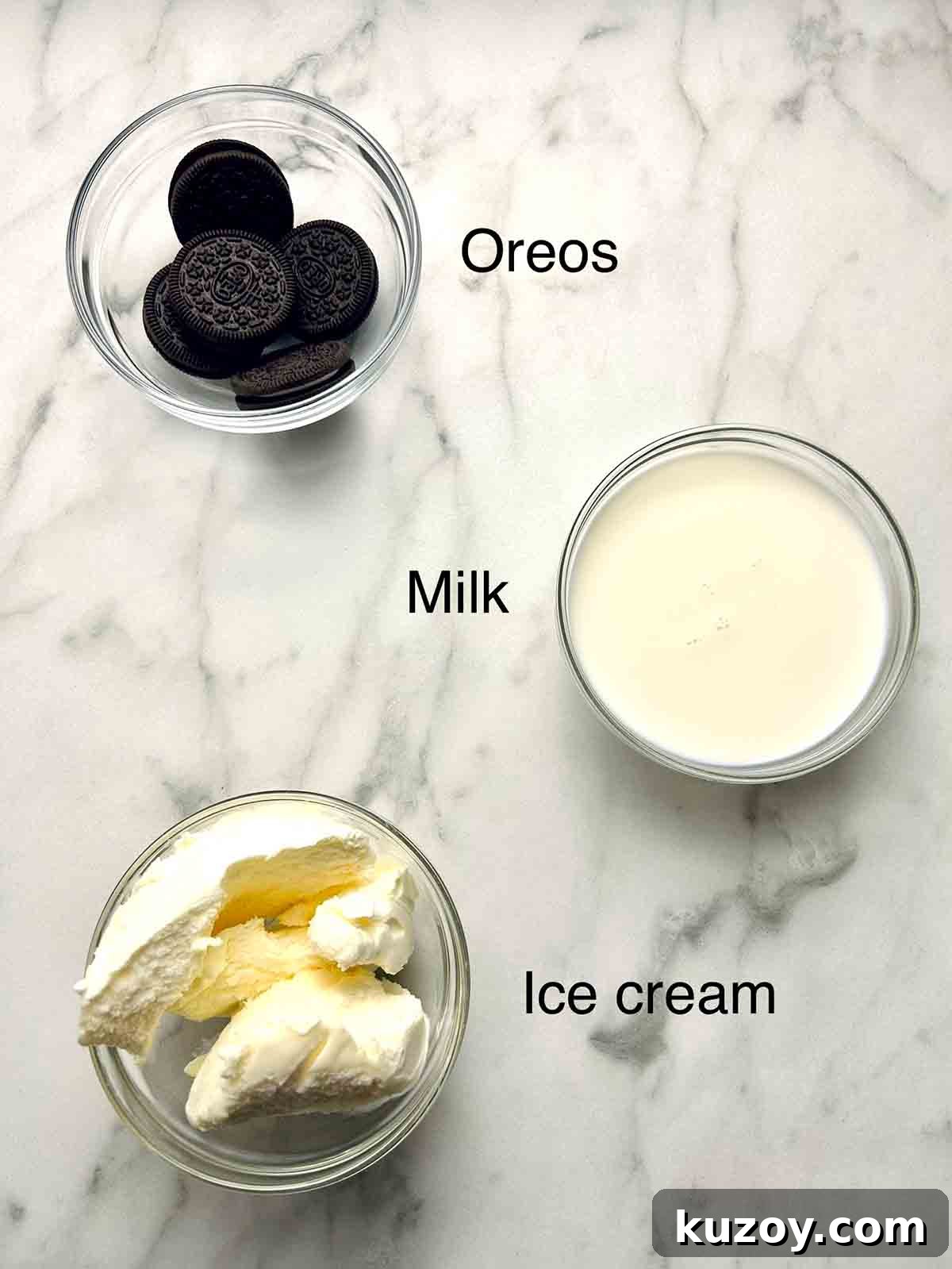 Baskin-Robbins Oreo Milkshake Recipe & Nutrition Guide 3 milkshake ingredients in bowls