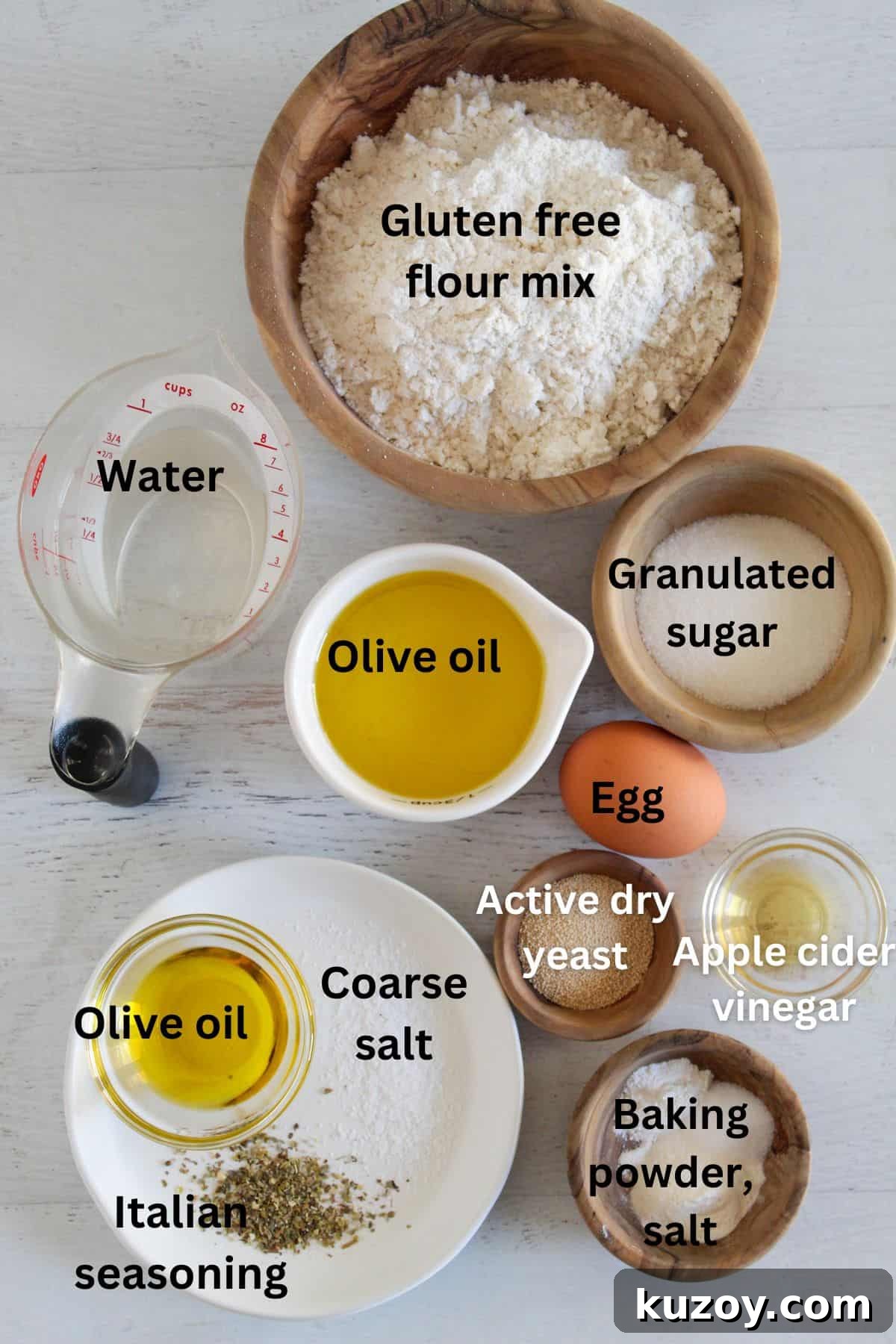 Gluten-Free Breadsticks Recipe That Will Impress Everyone 4 labeled ingredients on a countertop.