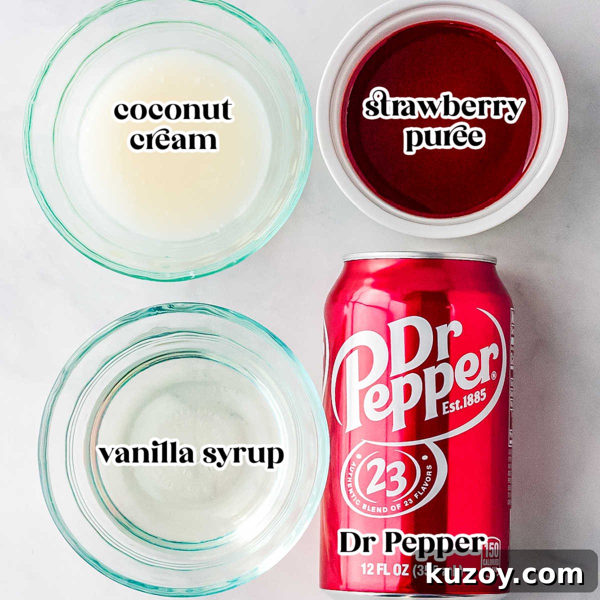 Swig Spring Fling Copycat Drink Recipe for Valentine’s Day 3 Ingredients for a Valentine’s dirty Dr Pepper including coconut cream, strawberry puree, vanilla syrup, and a can of Dr Pepper arranged on a light background.