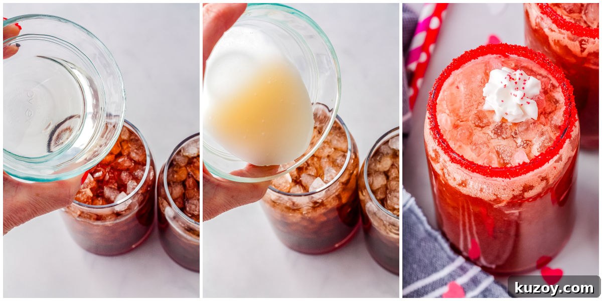Swig Spring Fling Copycat Drink Recipe for Valentine’s Day 5 Step by step process showing Dr Pepper poured over pebble ice, followed by creamy add ins, and finished Valentine’s dirty soda topped with whipped cream.