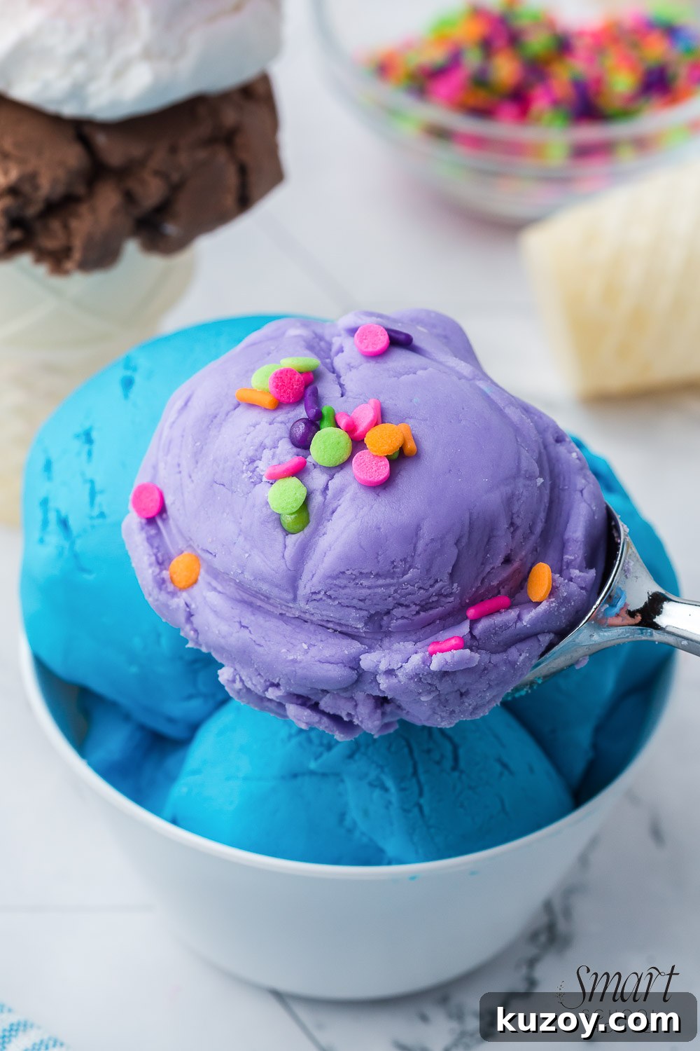 Homemade Ice Cream Play Dough Recipe Kids Will Love 8 2-Ingredient Ice Cream Play Dough is edible, it's soft, and it looks and moves EXACTLY like ice cream! Make it any color with frosting!