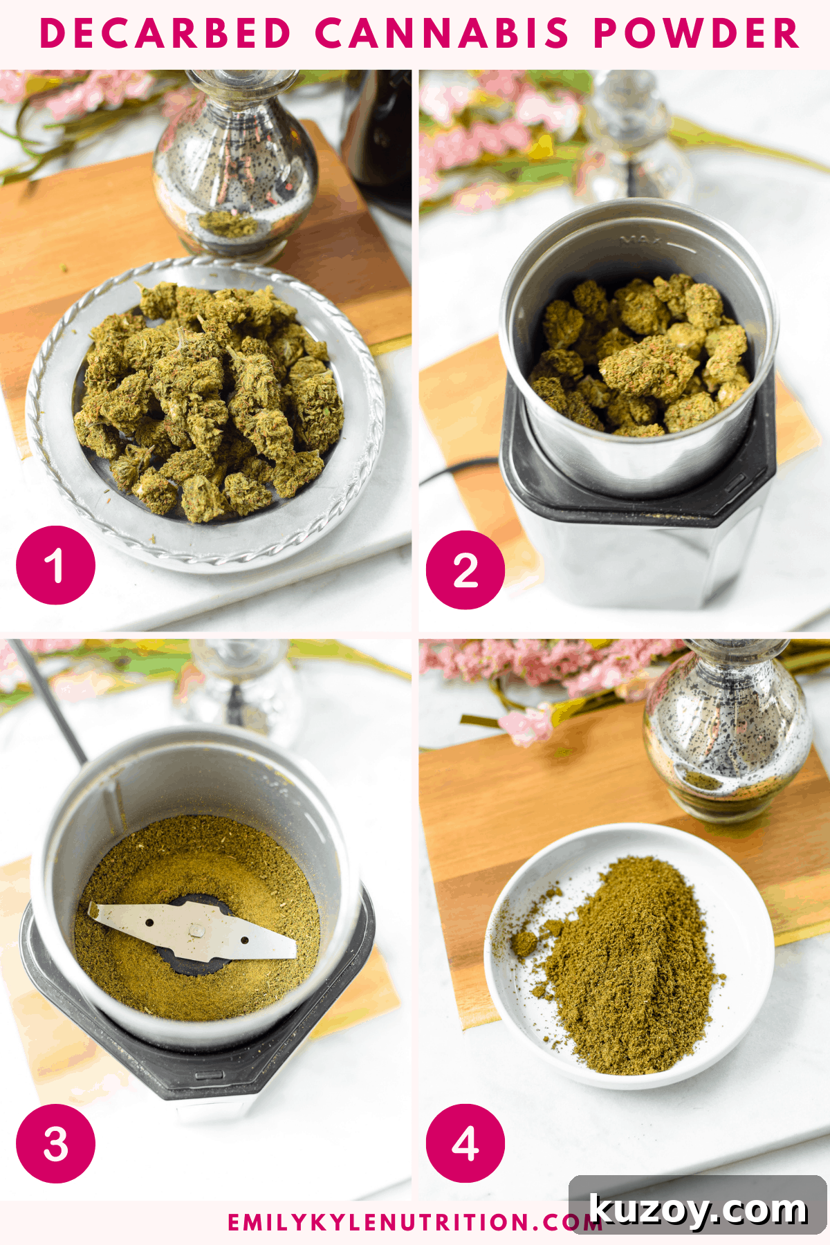 How to Cook with Decarbed Cannabis: Edible Recipes & Tips 4 A 4 step photo collage showing how to grind down cannabis in a coffee grinder