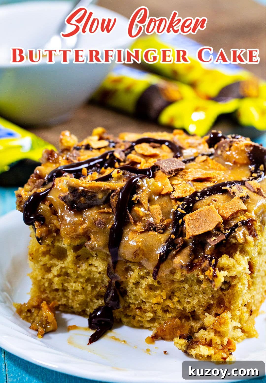 Slow Cooker Butterfinger Cake Recipe for Gooey Chocolate-Peanut Butter Delight 5 Square of Slow Cooker Butterfinger Cake on plate.