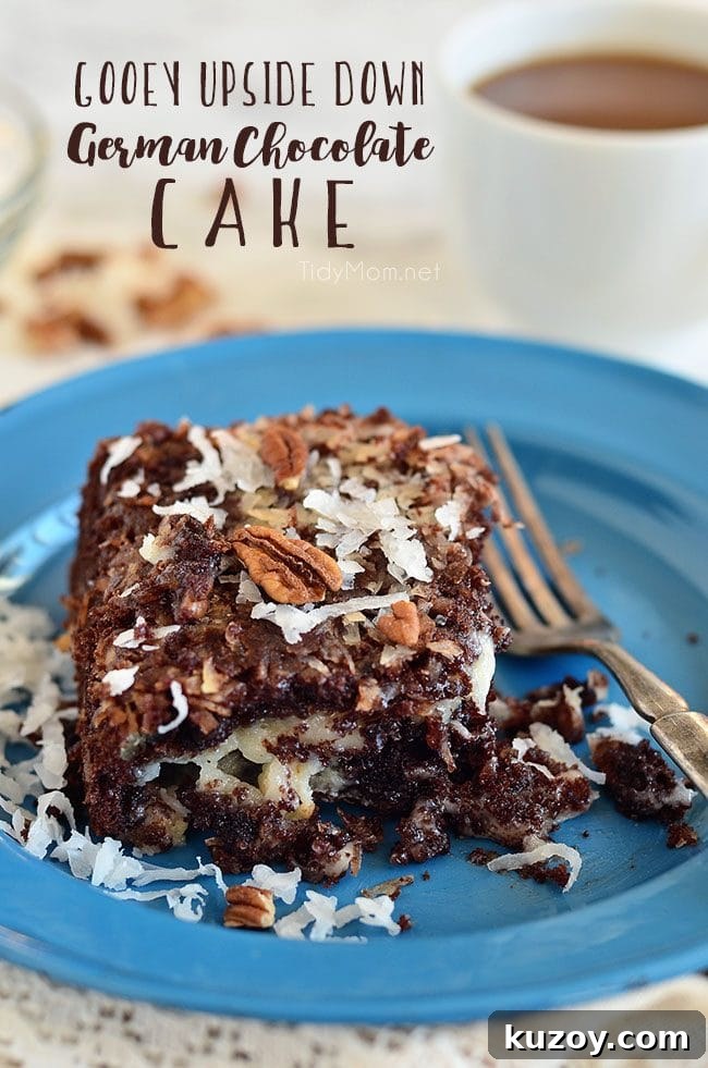 Gooey Upside Down German Chocolate Cake is an easy delicious twist on the traditional German Chocolate Cake. This dessert is gooey, moist, and super simple to throw together thanks to a cake mix.