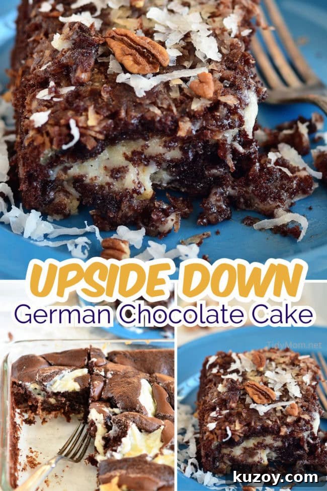 serving of Upside Down German Chocolate Cake on a blue plate