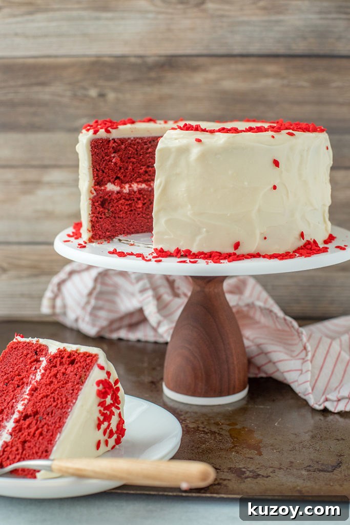 One-Bowl Red Velvet Layer Cake Recipe for Moist Layers 4 A casual, homemade one-bowl red velvet layer cake with cream cheese frosting.