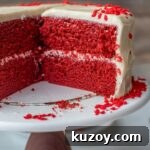 One-Bowl Red Velvet Layer Cake Recipe for Moist Layers 6 A cut open cross-section of red velvet layer cake.