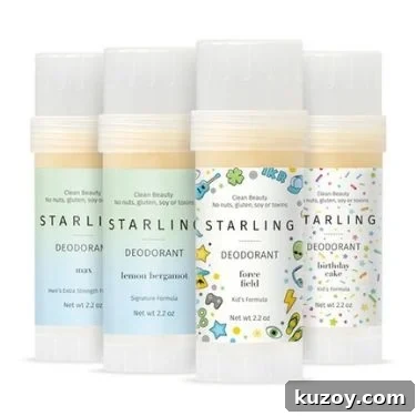 Four sticks of natural deodorant for teens from Starling in various scents.