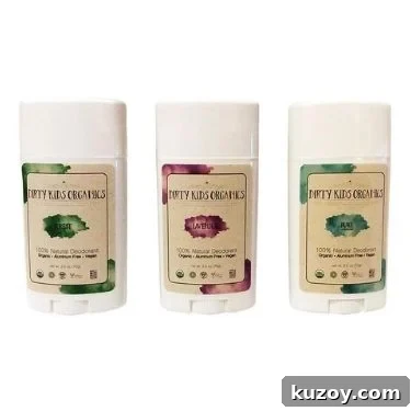 Three sticks of different scents from Dirty Kids Organics natural deodorant - one lavender, one unscented, one forest scent