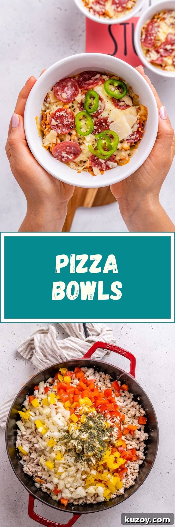 High-Protein Keto Pizza Bowls — Low-Carb Meal Prep 12 Low carb pizza bowls with high protein pin.