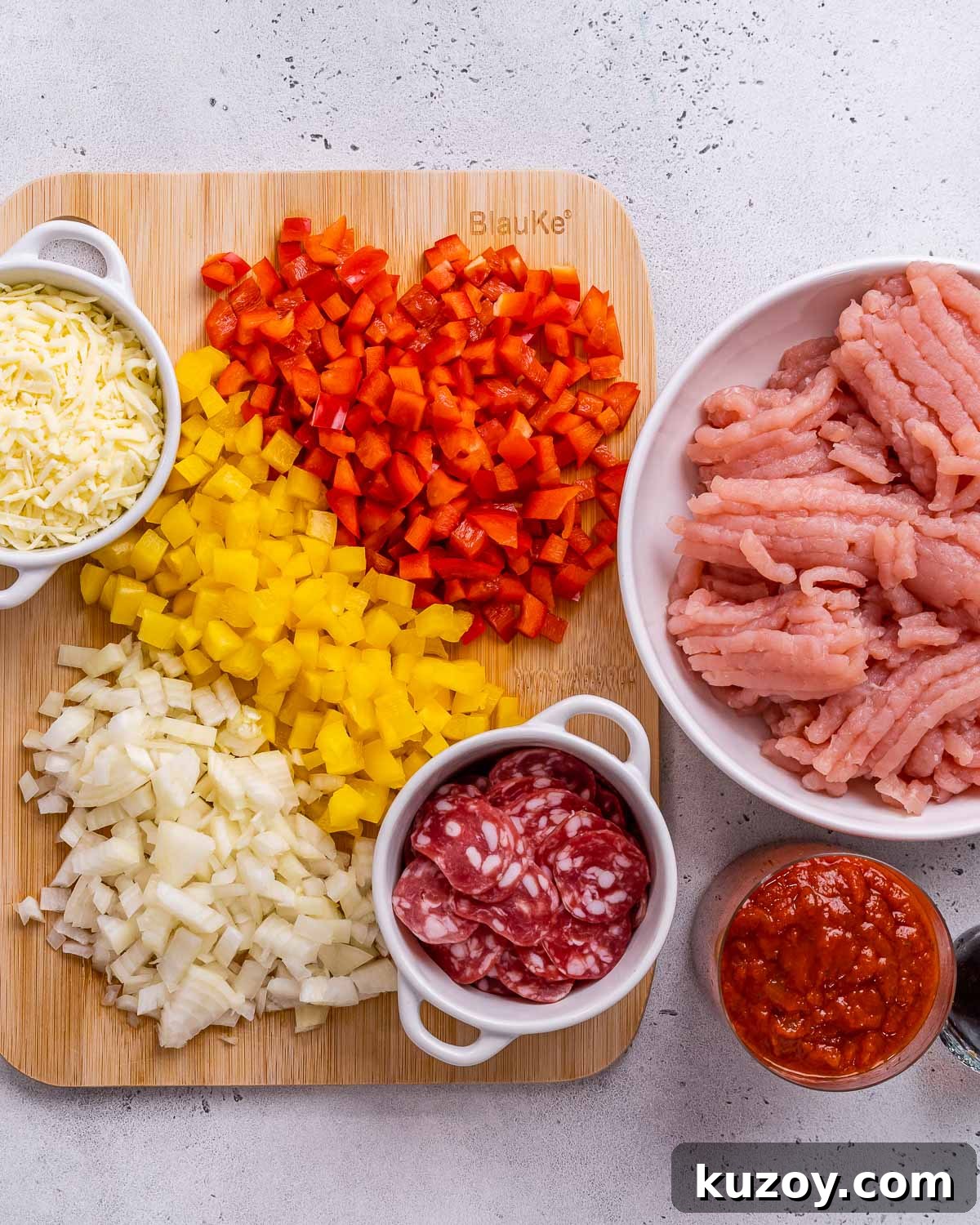 High-Protein Keto Pizza Bowls — Low-Carb Meal Prep 3 Pizza bowl ingredients.