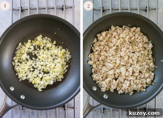 Turkey Bolognese with Zucchini Noodles — Quick Weeknight Dinner 3 Collage for two photo, one showing soften onion in a non stick skillet and the other showing cooked ground turkey in a skillet.