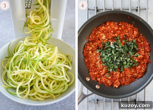 Turkey Bolognese with Zucchini Noodles — Quick Weeknight Dinner 4 A collage of two photo, one showing zucchini noodles being cut with a spiralizer and the other turkey bolognese sauce topped with fresh chopped basil leaves in a skillet.