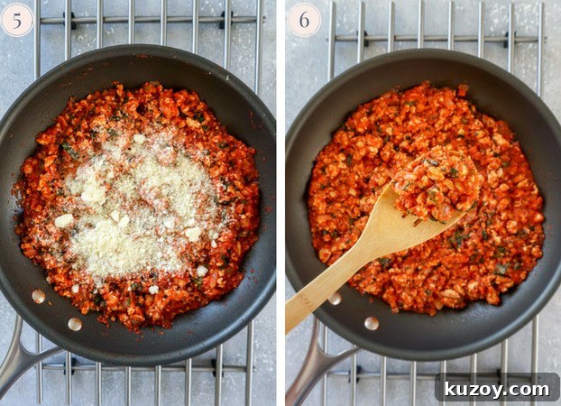Turkey Bolognese with Zucchini Noodles — Quick Weeknight Dinner 5 A collage of two pictures, one showing turkey bolognese sauce with grated parmesan on top in a skillet and the other showing turkey bolognese sauce in a wooden spoon over a skillet.