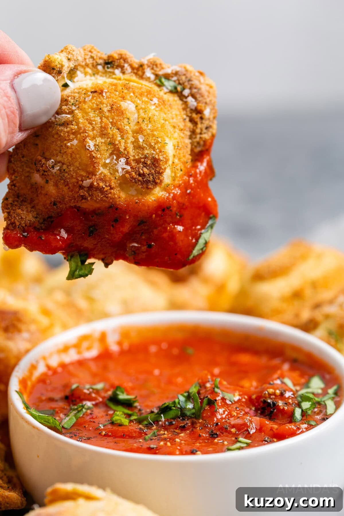 Crispy Air Fryer Ravioli with Marinara Dipping Sauce 5 dipping air fryer ravioli in marinara